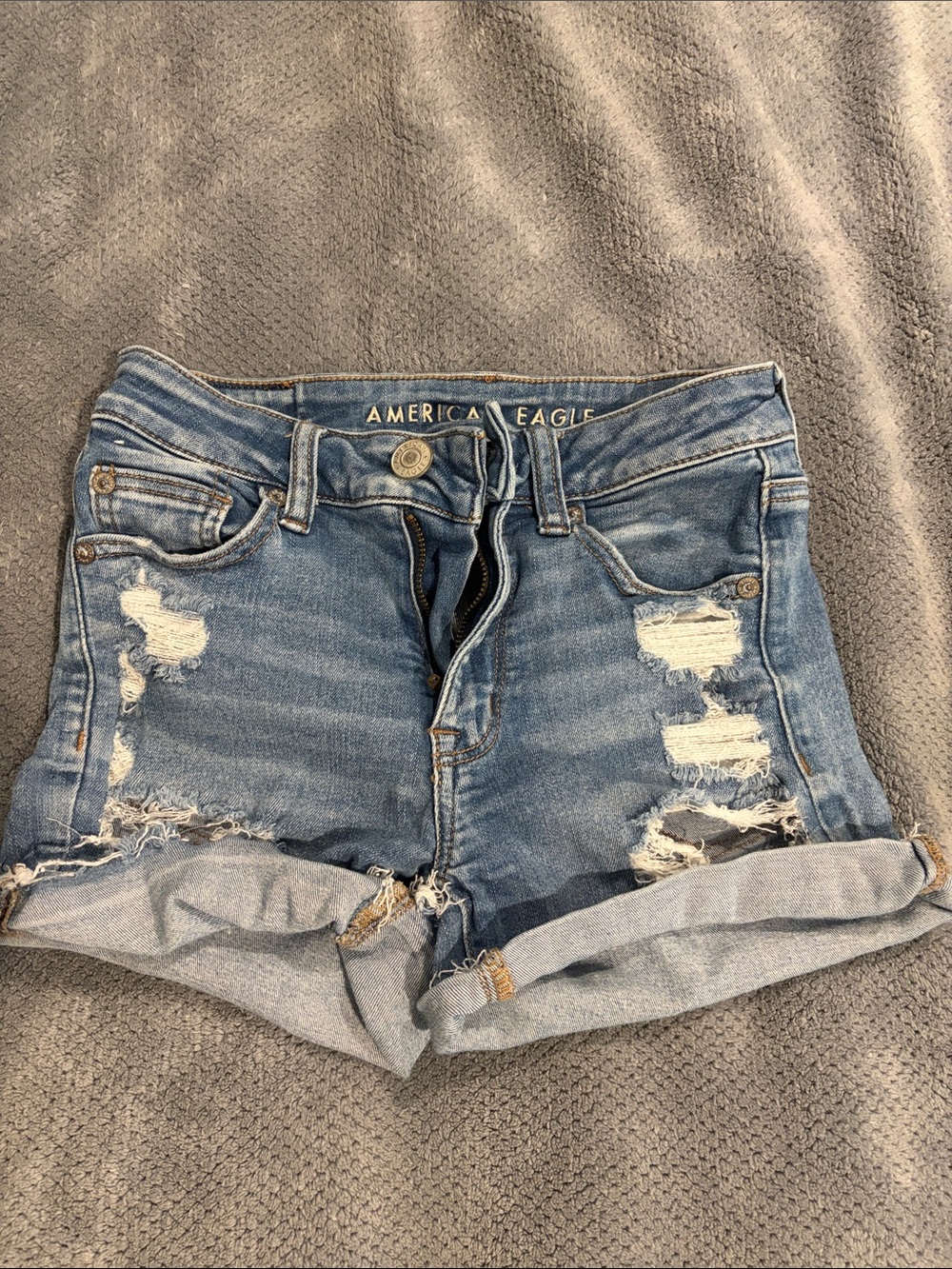 American Eagle Outfitters Light Blue Distressed Roll-Hem Jean Shorts